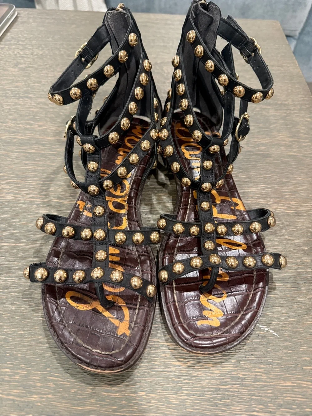 Sam Edelman Black Gladiator Sandals with Gold Studs